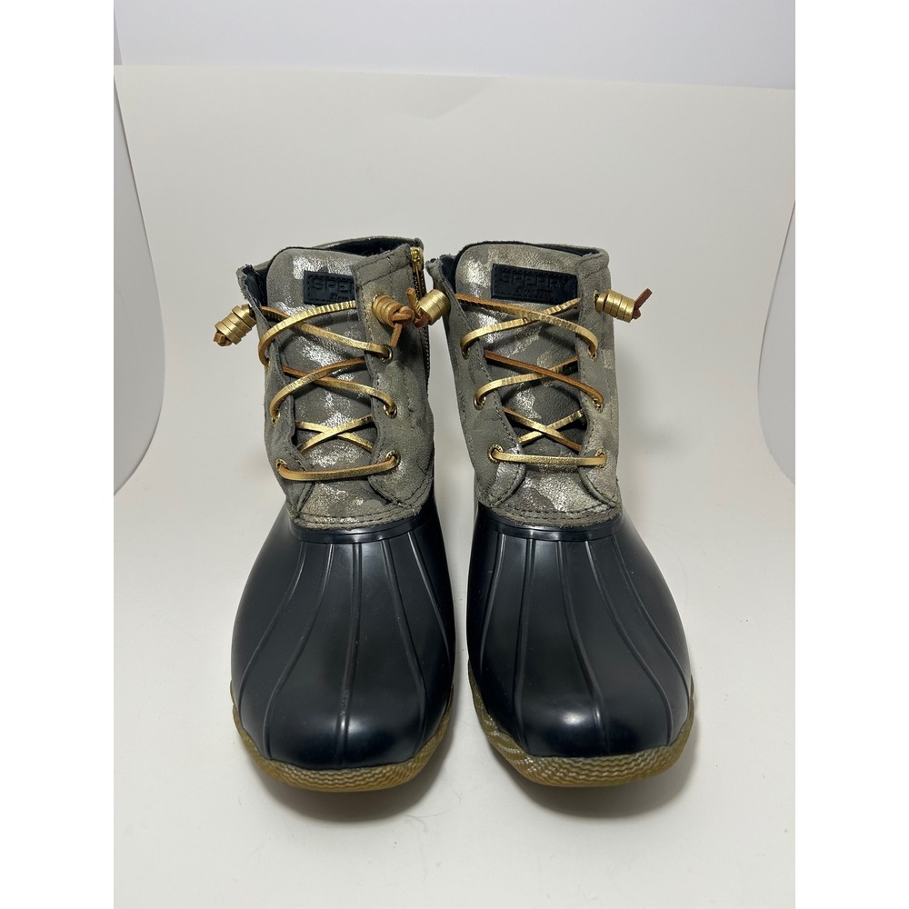 Sperry Saltwater Metallic Silver Camo Duck Boots Black Grey STS86694 Womens 10‎